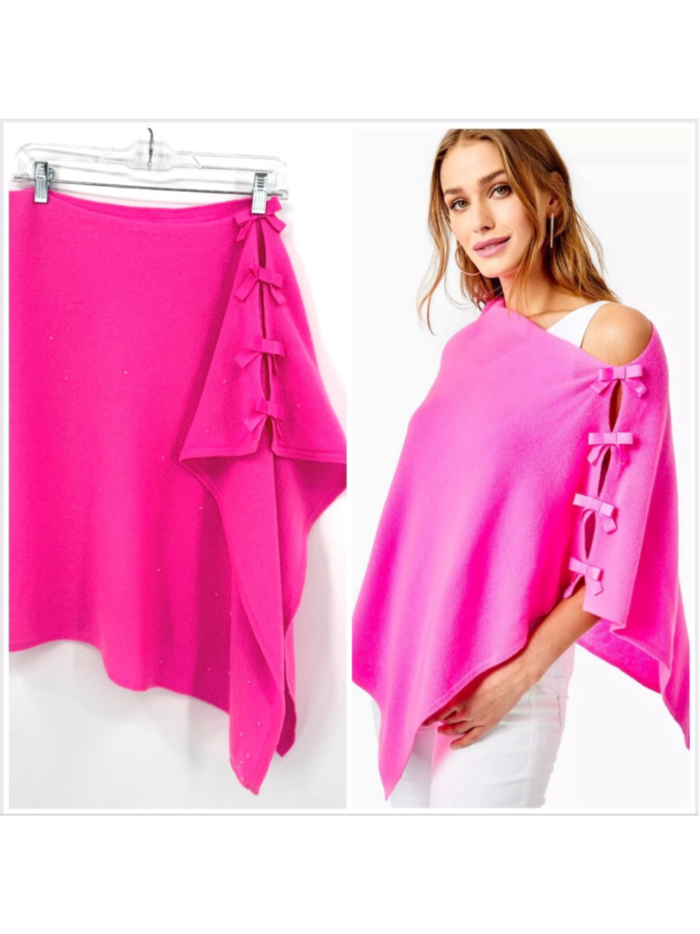 Lilly Pulitzer Pink Harp Side Bow Asymmetric Cashmere Poncho One Size